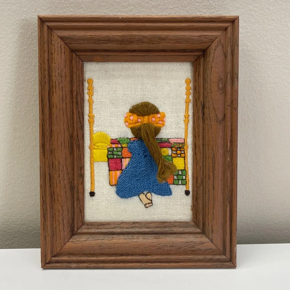 VTG 70s Hand Embroidered Crewel Needlepoint Praying Girl Wood Frame Nursery Art